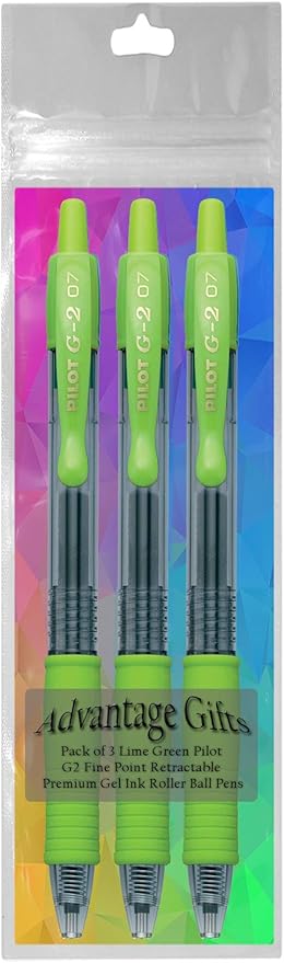 G2 Retractable Premium Gel Ink Roller Ball Pens Fine Point Fine Point (.7mm) Lime Ink 3-pk; Refillable & Premium Comfort Grip Bundle with Plastic Reusable Pouch