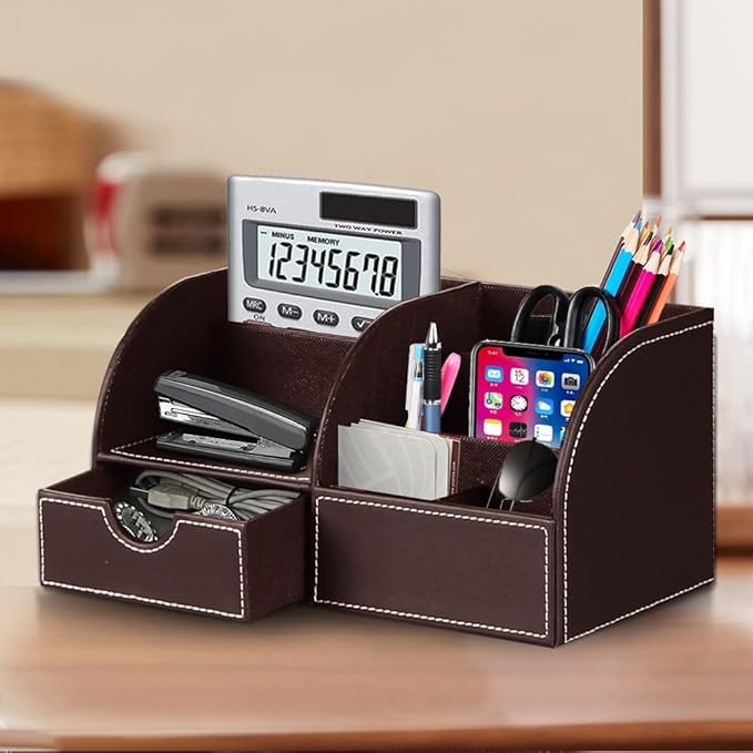 Desk Organizer, PU Leather Desktop Organizers and Accessories, Office Supplies Multi-Functional Caddy Storage with 6 Compartments and 1 Drawer, Workspace Organizer for Office Home School Classroom
