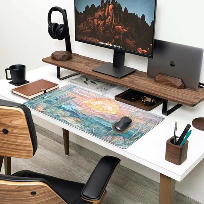 Desk Mat Gaming Abstract Ocean Desk Pad Large Mouse and Keyboard Pad, Faux Stained Glass Sun & Waves Mouse Mat XXL Desk Protector, Computer Mats for Desktop Sun & Waves Office Decor 31.5" X 15.7"
