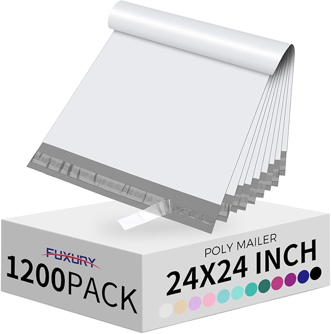 Fuxury 1200 Pcs 24x24" Poly Mailers,Waterproof Mailing Envelopes for Clothing, Strong Adhesive Poly Shipping Postage Bags for Small Business(White)