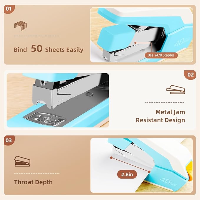 Deli Effortless Desktop Stapler, Heavy Duty Stapler, 40-50 Sheet Capacity, One Finger, No Effort, Includes 1500 Staples & Staple Remover, Sky Blue