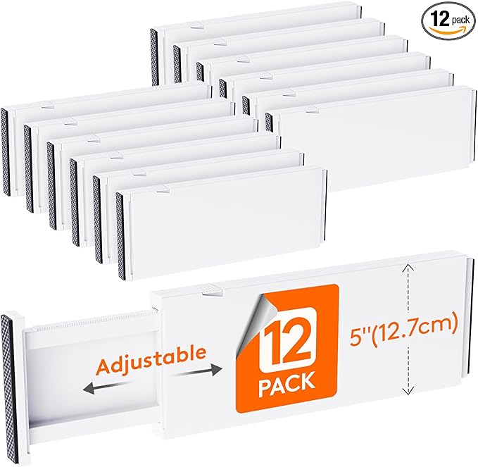 Lifewit 12 Pack Drawer Dividers Plastic 5" High, 13.5-22" Adjustable Drawer Organizers for Clothes, Expandable Dresser Separators in Bedroom/Bathroom/Kitchen/Fridge/Office Organization and Storage