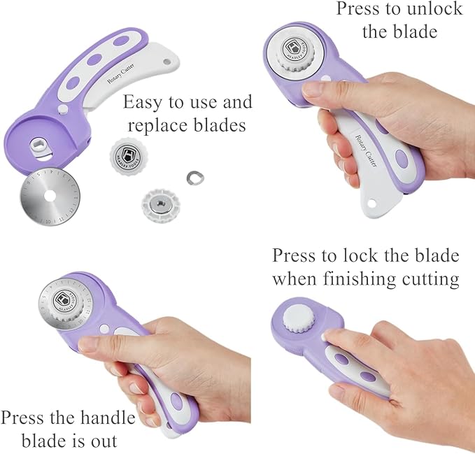 Headley Tools Rotary Cutter Set - 45mm Fabric Cutter, 5 Extra Rotary Blades, A1 Cutting Mat, Quilting Ruler and Sewing Clips, Craft Knife Set, Ideal for Crafting, Sewing, Patchworking, Purple