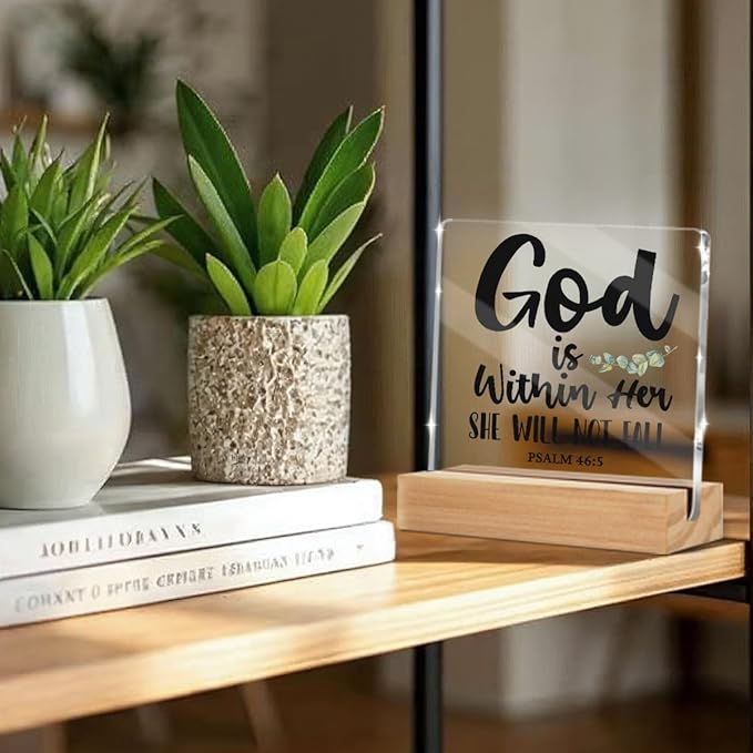 God is within Her Bible Verse Christian Gifts for Women Men Coworkers Friends, Motivational Quotes Psalm 46 : 5 Desk Decor Acrylic Sign 4x4 Inch, Positive Affirmations Desk Accessories Signs