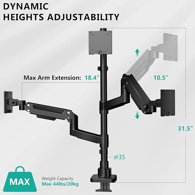 WALI Triple Monitor Mount - Extra Tall 3 Monitor Desk Mount for 13 to 49" Ultrawide Screens, Up to 44 lbs, Fully Adjustable Heavy Duty Gas Springs, VESA 75/100 mm (GSDM003-P), Black