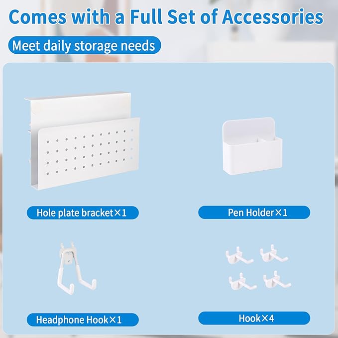 Desk Side Storage with Pen Holder & Hanging Hooks, No Drill Hanging Desk Organizer Under Desk Storage Mount, Clamp-On Laptop Holder Table Side Tray for Office and Home (White)