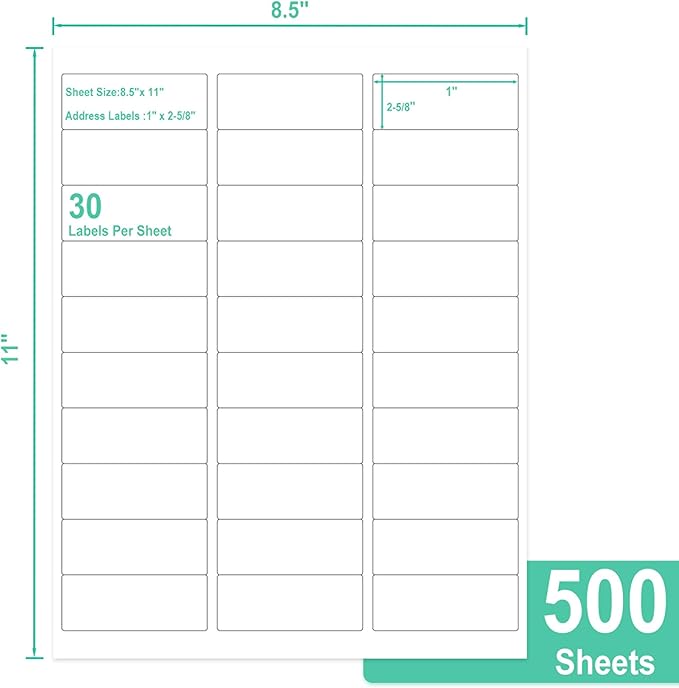 L LIKED Printable Address Labels, 1" x 2-5/8", 15000 Labels, 30 per Sheet, Blank Label Stickers for Envelopes (500 Sheets)