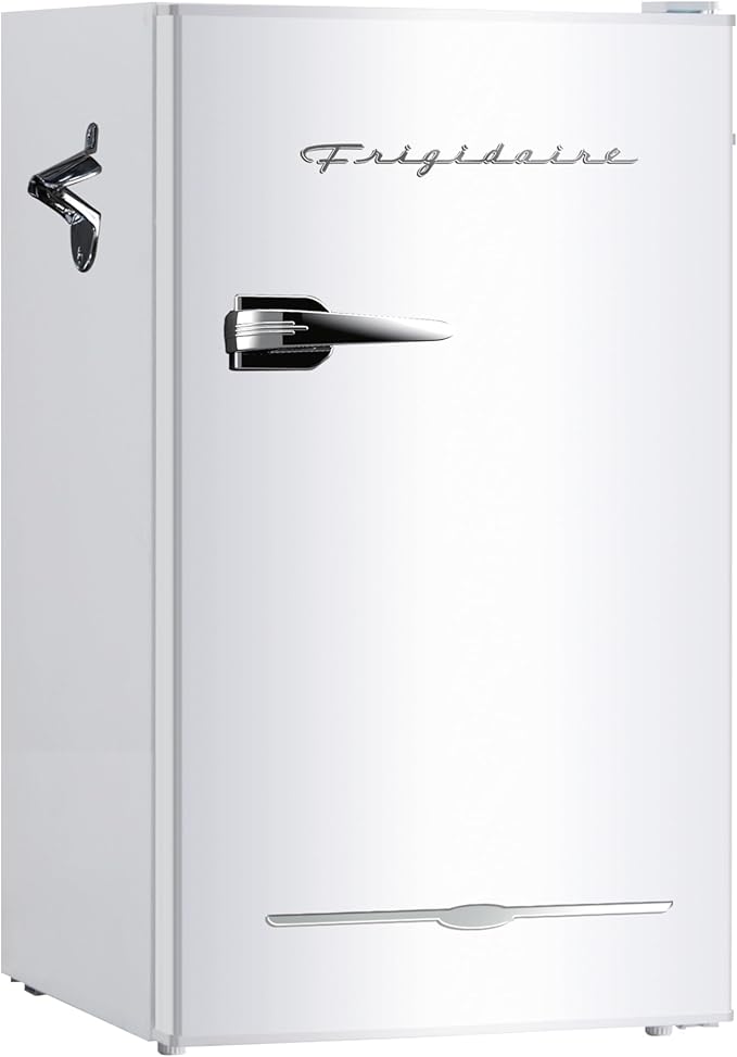 Frigidaire Retro Compact Fridge with Chiller, 3.2 cu ft Countertop Fridge with Built-In Bottle Opener, Compact Refrigerator for Office, Bedroom, Dorm Room or Cabin - 18.7"D x 19.01"W x 33.27"H (White)