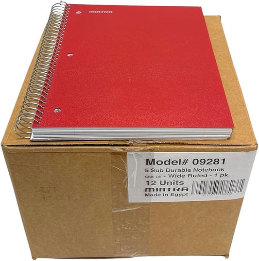 Mintra Office Durable Spiral Notebooks, 5 Subject (Chili Oil, Wide Ruled 12pk)