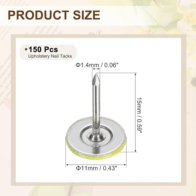 uxcell 150Pcs Upholstery Tacks, 11mmx15mm Flat Head Thumb Tack Decorative Furniture Nails Push Pins for Furniture Sofa Headboards, Light Yellow