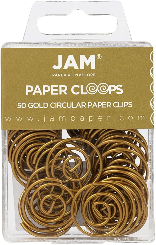JAM PAPER Circular Paper Clips - Round Paperclips - Gold - 50/Pack