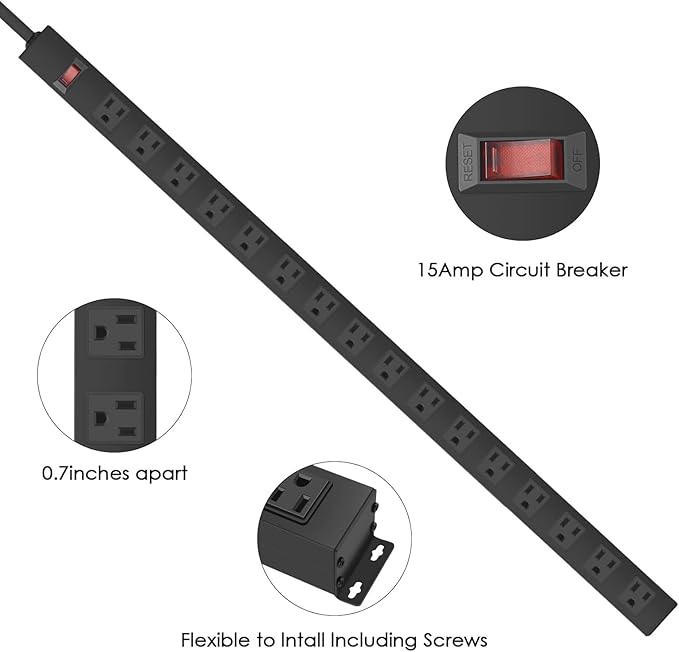 HHSOET Metal Wall Mount Power Strip, 16 Outlets, 3 FT SJT 3/C 14AWG Power Cord, 15A 125V 1875W, Black