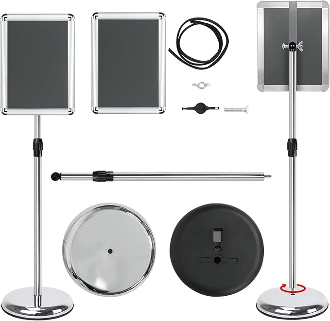 Poster Stand Holder Adjustable Pedestal Floor Standing Sign Holder Vertical and Horizontal View Sign Display, Aluminum Snap Open Frame with Safety Corner (Sliver-8.5x11)