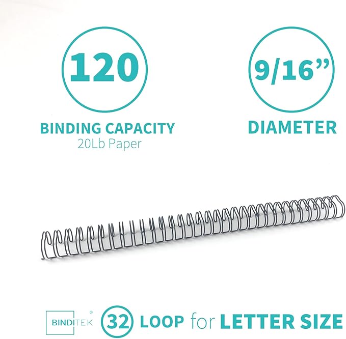 Binditek 50 Pack Double Loop Wire Binding Spines, 9/16 Inch Binding Wire for Letter Size, 3:1 Pitch, 120 Sheet Capacity, 32-Loop, Black, for Students and Coworkers