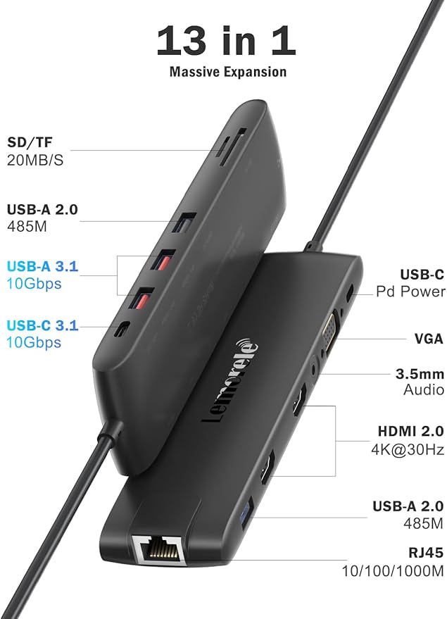 Docking Station USB C/A 10Gbps 3*Display 13 in 1, 2025 Upgrade Lemorele USB C Hub 2 x 4K HDMI, Gigabit Ethernet, 4 USB 3.0/2.0, VGA, Type-C 3.1, PD 100W, Audio, SD/TF for Windows, MacBook