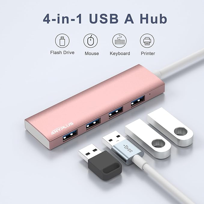 USB Hub, USB 3.0 Hub Aluminum Alloy Ultra Slim USB Splitter, Portable 4 Port USB Extender, USB Hub for Laptop, PC, MacBook, iMac, Surface Pro, Mac Pro, Flash Drive, XPS 【Pink】