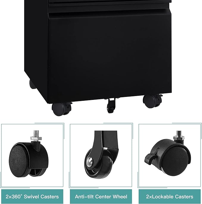 MIIIKO 3 Drawer File Cabinet, Metal Filing Cabinet with Lock Rolling Wheels, Office Storage Under Desk,Deep Drawers for Hanging Legal Letter Fill, Full Assembled Except Casters