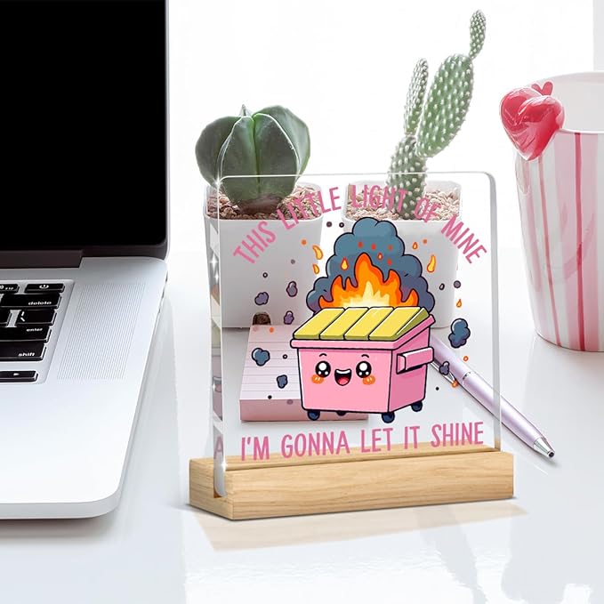 Dumpster Fire Desk Decor Accessories Funny Pink Office Decor Inspirational Coworker Gifts Acrylic Sign Plaque Table Decorations for Home Office