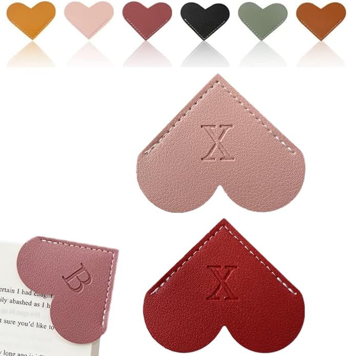 Personalized Leather Heart Bookmark, 26 Letters Customized Corner Book Mark for Reading Women, Book Marker with Initials，Cute Gifts (Red+Light Pink, X)