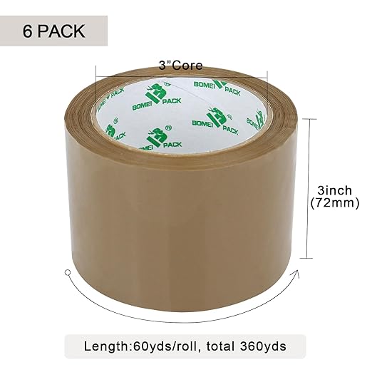 BOMEI PACK 3 inch Brown Packing Tape, 6 Refills Rolls Wide Packaging Tape for Moving, Shipping and Storage, 2.4 Mil x 60 Yards