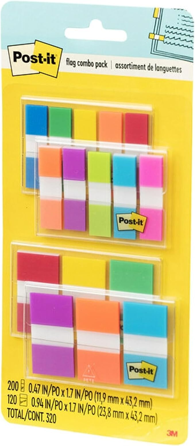 Post-it Flags Combo Pack, 4 On-The-Go Dispensers/Pack, 120 .94 in Wide and 200 .47 in Wide Flags, Assorted Colors (683-XL1) (Pack of 12)