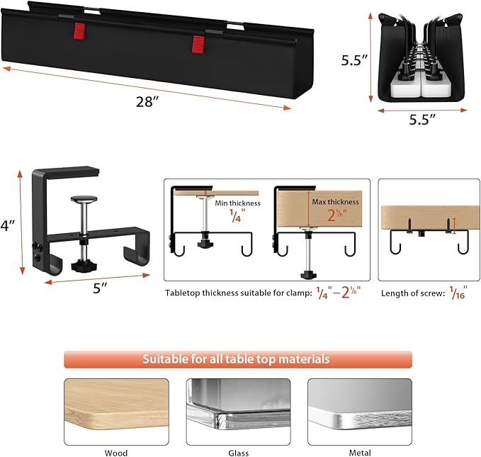 Univivi No Drill Under Desk Cable Management Tray, 28" Cord Organizer for Table, Clamp/Screw Mount Desk Cable Management, Premium Fabric Cable Management Tray for Office, Home