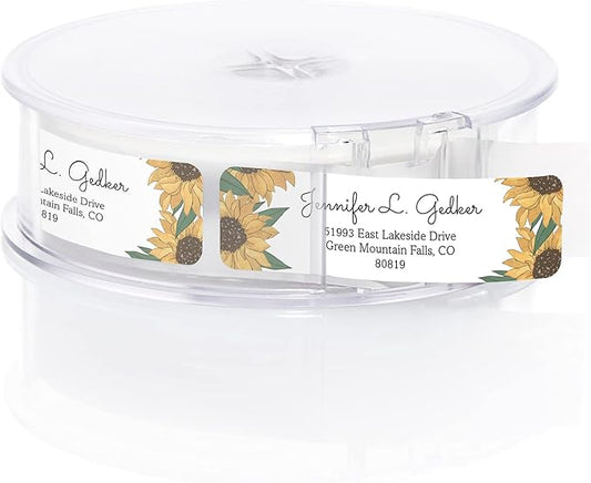 Illustrated Sunflower Rolled Address Labels/Roll of 250 Floral Garden Personalized Address Labels/Designer Return Address Stickers in Elegant Plastic Dispenser
