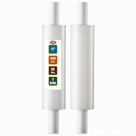 Stretch Wrap with Handle Industrial Strength 2 Pack 11" x 1000 Ft 60 Gauge Thick (15 Micron) Shrink Wrap Roll for Moving Supplies, Furniture, Pallets, Plastic Wrap for Packing, Heavy Duty Stretch Film