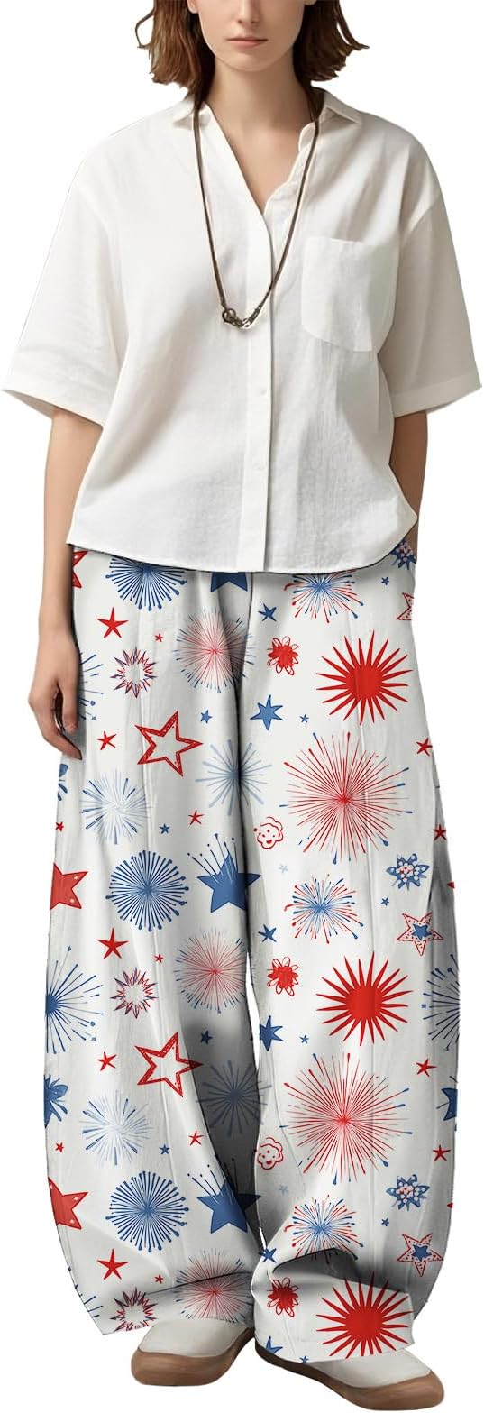 Zaswen Women's Oversize Loose Fit Breathable Pants Wide Leg Lounge Pants Fashion Casual Fireworks Print Trousers with Pockets