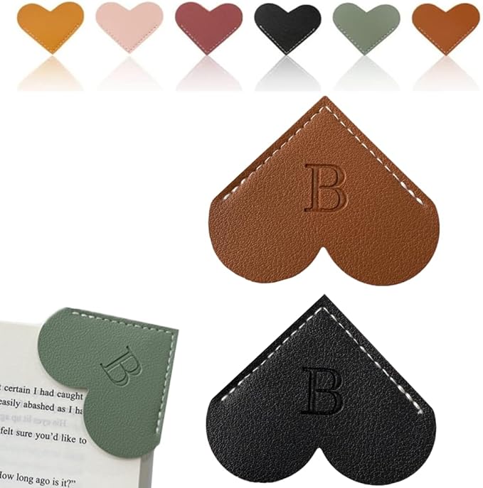 Personalized Leather Heart Bookmark, 26 Letters Customized Corner Book Mark for Reading Women, Book Marker with Initials，Cute Gifts (Black+Dark Brown, B)