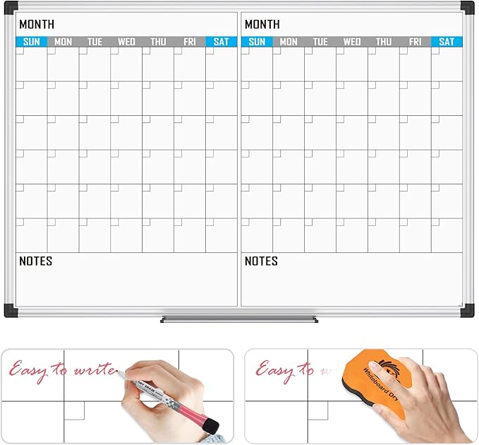 XBoard Magnetic Calendar Whiteboard 48" x 36" - 2 Month Dry Erase Board, White Board + Colorful Calendar Board, Silver Aluminium Framed Monthly Planning Board