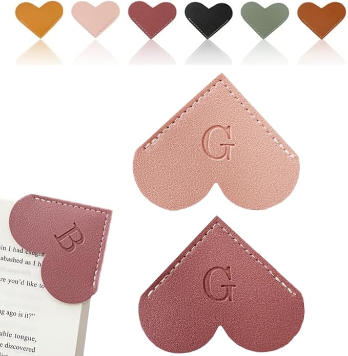 Personalized Leather Heart Bookmark, 26 Letters Customized Corner Book Mark for Reading Women, Book Marker with Initials，Cute Gifts (Light Pink+Deep Pink, G)