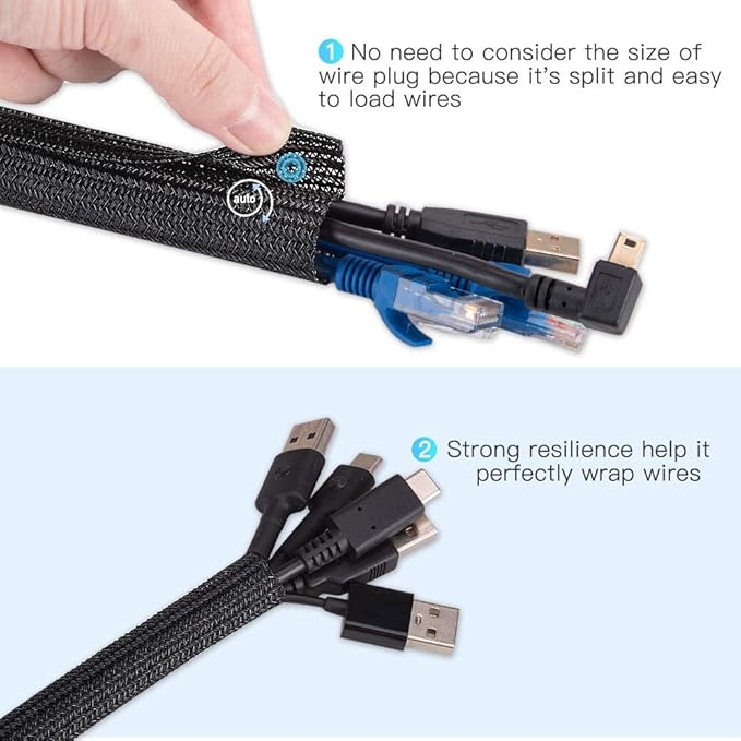 AGPTEK Cable Sleeve Cover, 10ft - 4/5 inch Desk Cord Organizer Cable Hider, Home Office Wire Management Computer TV Wire Loom Tubing, Pet Proof Cord Protector, from Cat Dog Chewing, Black