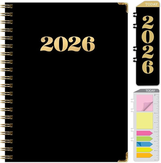 HARDCOVER 2026 Planner, 8.5"x11": 14 Months (November 2025 - December 2026), Daily Weekly Monthly Planner, Yearly Agenda, Bookmark, Pocket Folder and Sticky Note Set (Black Gold Numbers)