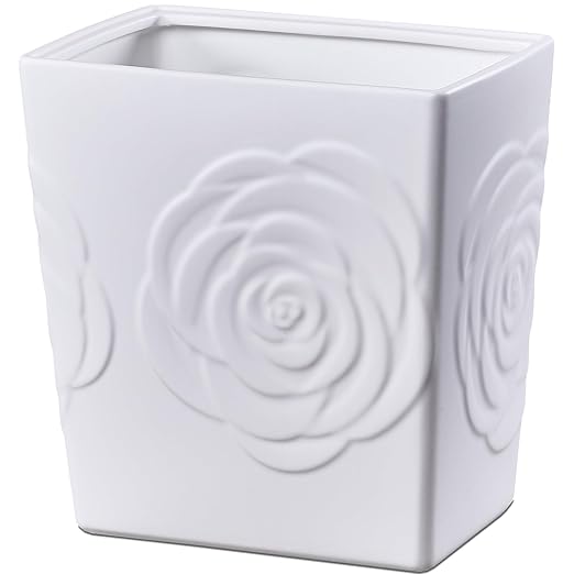White Ceramic Rose Small Bathroom Trash Can 2.5 Gal (9 Liter), Heavy Small Kitchen Garbage Bin, Living Room Bedroom Corner Trash Can, Decorative Wastebasket for Outdoor Garden, Home Office,Hotel Motel