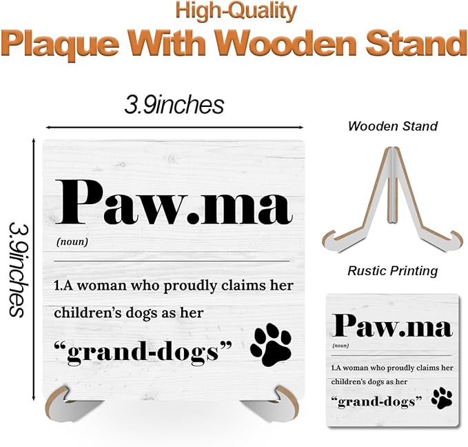 Paw Ma Definition Dog Mom Wood Sign Desk Decor Funny Rustic Office Cubicle Decor Plaque with Wooden Stand Farmhouse Desk Accessories for Home Table Shelf Tiered Tray Pet Dog Lover Gifts