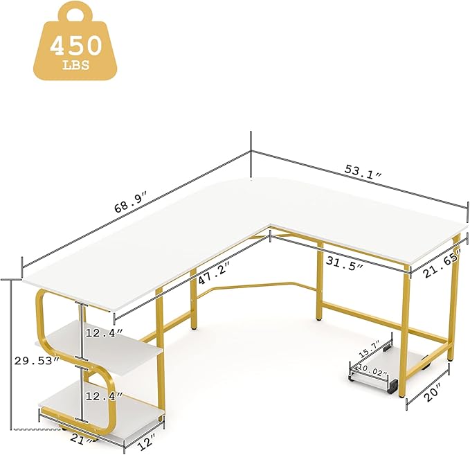 Teraves Reversible L Shaped Desk with Large Surface, 69 Inch Sturdy Corner Desk with Storage Shelves, Premium Office Computer Desk Workstation for Home Office Gaming