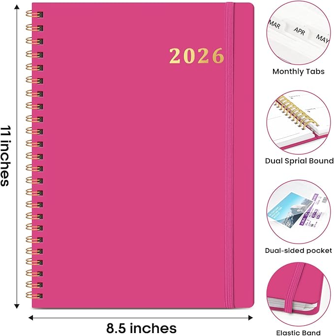 2026 Planner 8.5" x 11", Weekly and Monthly Calendar Planner Book, January 2026 - December 2026, Hardcover Spiral Planner with Monthly Tabs, Notes Pages, Perfect for Women & Men, A4 - Hot Pink