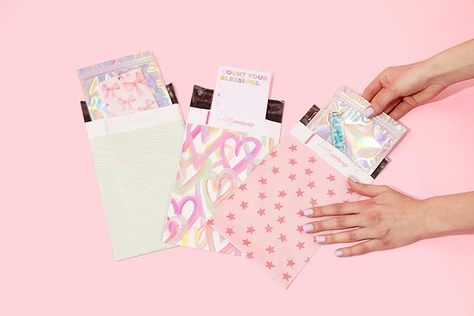 6x9 Designer Poly Mailer 100 Pack Heavy Duty Waterproof Self Seal Shipping Bags for Small Business Large Mailing Envelopes Bulk Tear Resistant Cute Packaging Seeing Stars Pink
