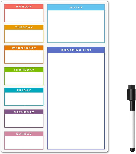 Magnetic Dry Erase White Board Planner for Fridge | Apartment Essentials and Home Organization Must Have | Family Planning, Grocery List, Whiteboard Calendar, Chore Chart | Multi-Color 8" x 12"