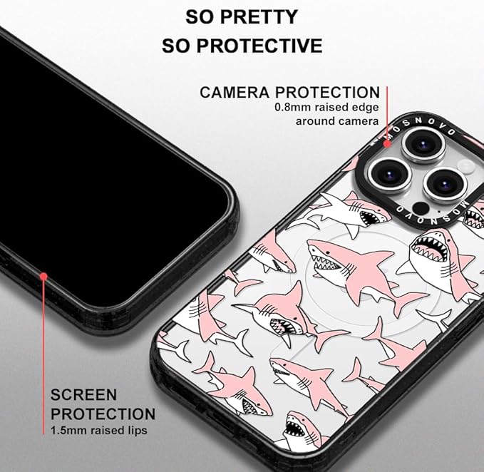 MOSNOVO Magnetic Case for iPhone 16 Pro, 10ft Military-Grade Protection, Compatible with Magsafe, Shockproof Phone Case for iPhone 16 Pro - Pink Sharks - Clear Black