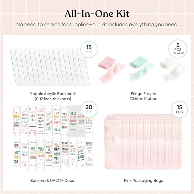 15 Pieces Acrylic Bookmark Blanks (3mm) Thicken Bookmark Making Kit with 20 Pcs Inspirational UV DTF Sticker, 15 Pcs Ribbon, Suitable for DIY Your Crafts Gifts