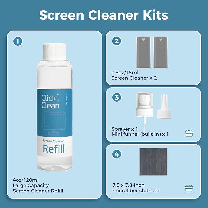 Click Clean Screen Cleaner Kits - 2 All-in-One Mist Cleaner with 4 oz Refill, 1 Microfiber Cloth(7.8 x 7.8in), 1 Mini Funnel, and 1 Sprayer - for All Phones, Laptop and Tablet Screens