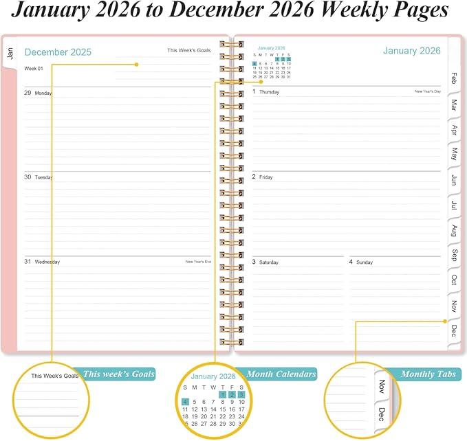 2026 Planner - Planner 2026 from January 2026 - December 2026, Weekly & Monthly Planner Spiral Bound with 12 Monthly Tabs, Inner Pocket, 6.4" x 8.5", Pink-E