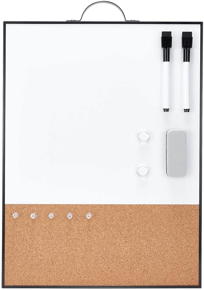 TSJ OFFICE Small Whiteboard Cork-Board - 16" X 12" Portable Aluminum Black Framed Magnetic Dry Erase Board, Small Bulletin Cork Board with Holder for Office, Home and School