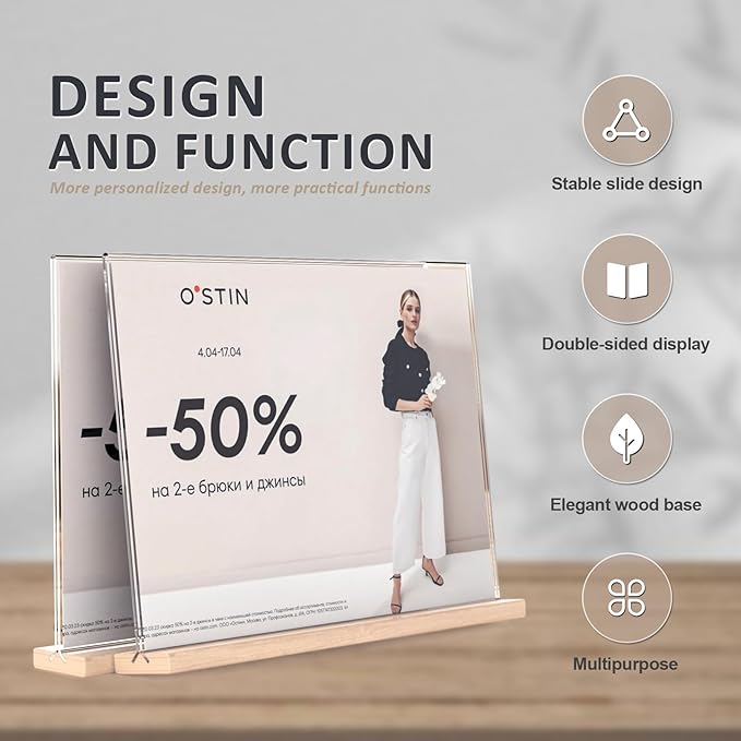 Acrylic Sign Holder 11x8.5 with Wood Base,T-shape Table Display Stands for Office,Store,Restaurants and Event use,Flyer Holder for Ads, Menu, Picture(3 packs,horizontal-L11*H8.5inches)