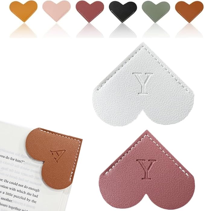 Personalized Leather Heart Bookmark, 26 Letters Customized Corner Book Mark for Reading Women, Book Marker with Initials，Cute Gifts (White+Deep Pink, Y)