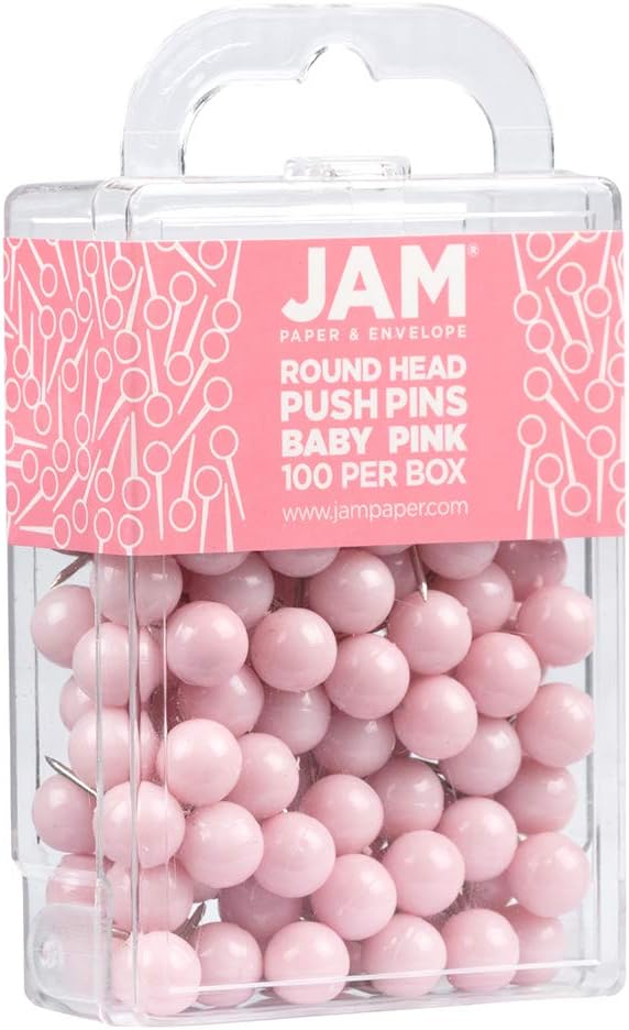 JAM PAPER Colorful Push Pins - Round Head Map Thumb Tacks - Baby Pink Pastel Pushpins - 100/Pack