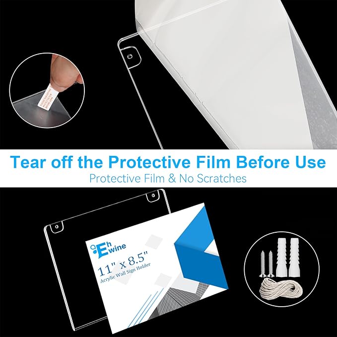 EHWINE 4 Pack 8.5x11 Wall Mount Acrylic Sign Holder Horizontal, Acrylic Wall Sign Photo Menu Flyer Display Holder, Plastic Clear Picture Adhesive Frames for Office Party (Provide Mounting Screws)