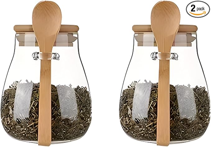 Airtight glass jar storage container with bamboo lid Set of 2, wide mouth, leak-proof, With a spoon, can be used for coffee beans, tea leaves, grains, dried fruits, etc (Small)